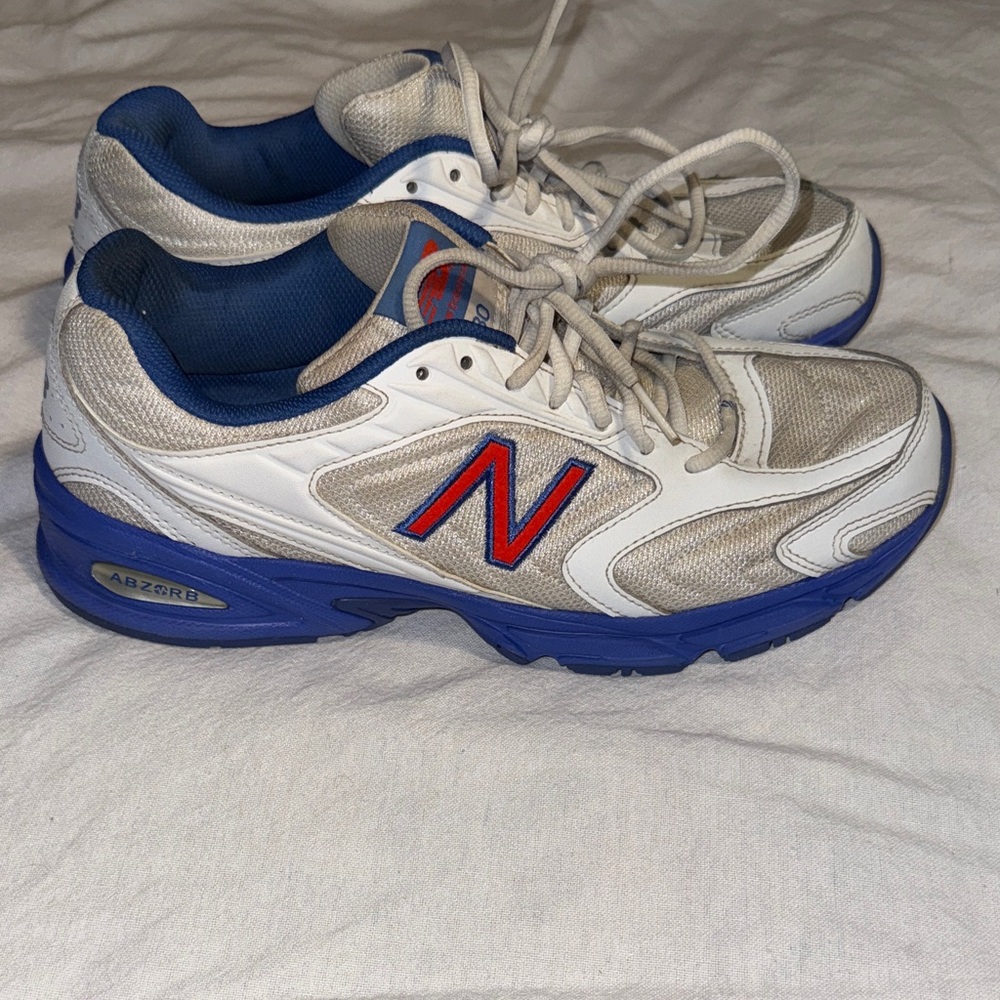 New Balance  White and Blue Athletic Shoes with Red Accents
